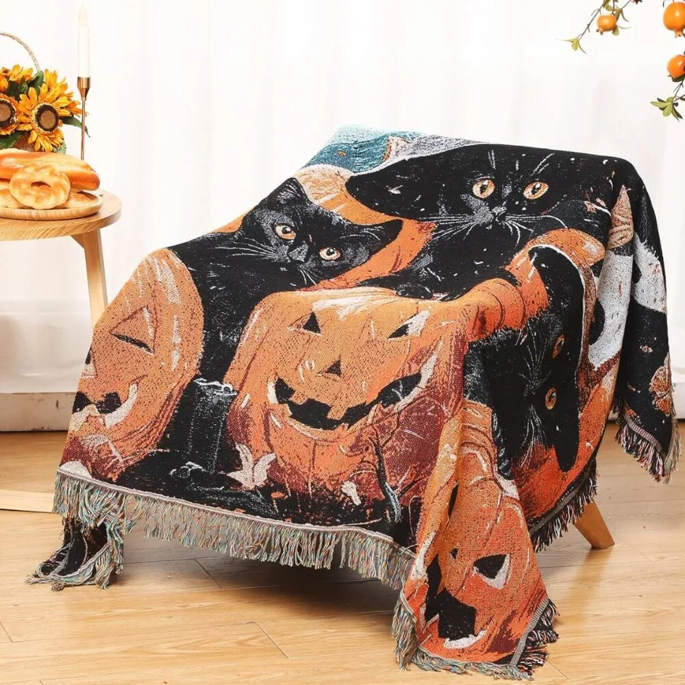 Vintage Kittens with Pumpkins Halloween Blanket Sofa Throw